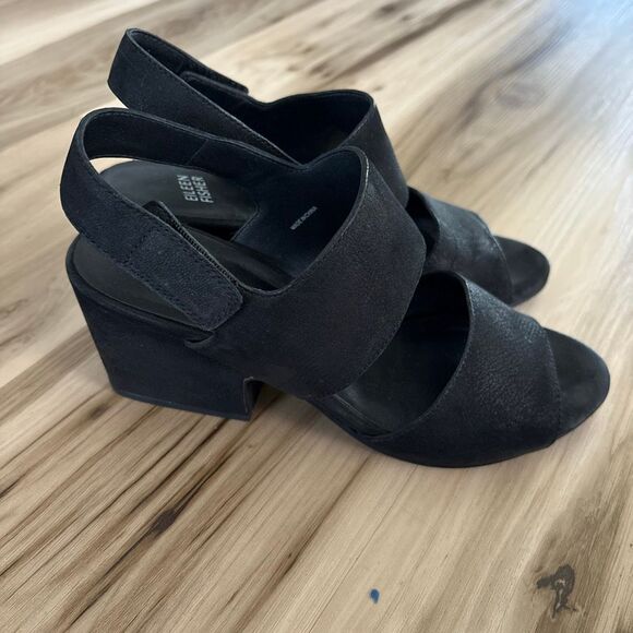 Eileen Fisher Finn Nubuck Black Suede Block Chunky Heel Sandals Size 7 Classic - Picture 2 of 8